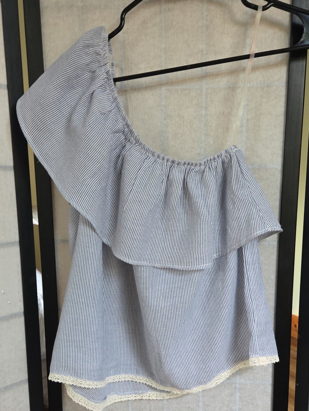 Jolt Blue and White Striped One-Shoulder Ruffle Tank